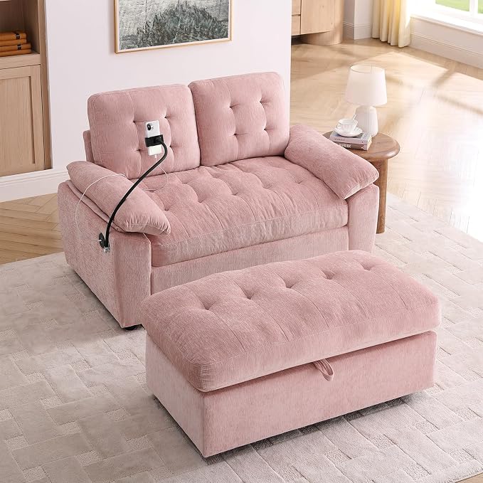Oversized Chaise Lounge Chair Indoor, Double Convertible Recliner Reading Arm Sofa Chair W/Adjustable Backrest & Charging Port Couch Bed for Living Room, Home Theater & Bedroom, Pink