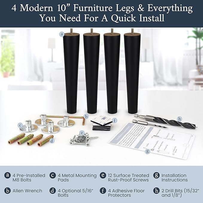 Airy Abode Premium Black Wood Furniture Legs (Full Install Kit) - Pick Your Size and Color