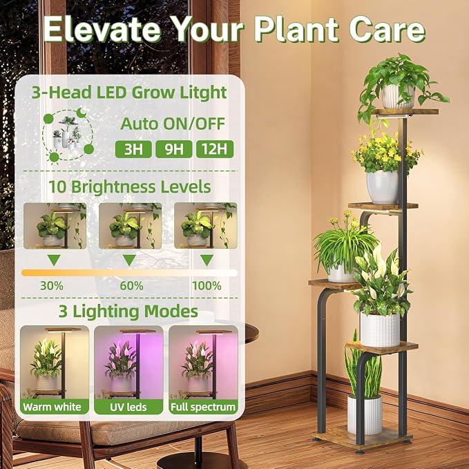 iDavosic.ly Tall Plant Stand Indoor with Grow Light, 4 Tier Corner Multiple Flower Holder Shelf with Wooden Trays, Space Saving Display Rack for Living Room Balcony Patio Porch | Black & Brown