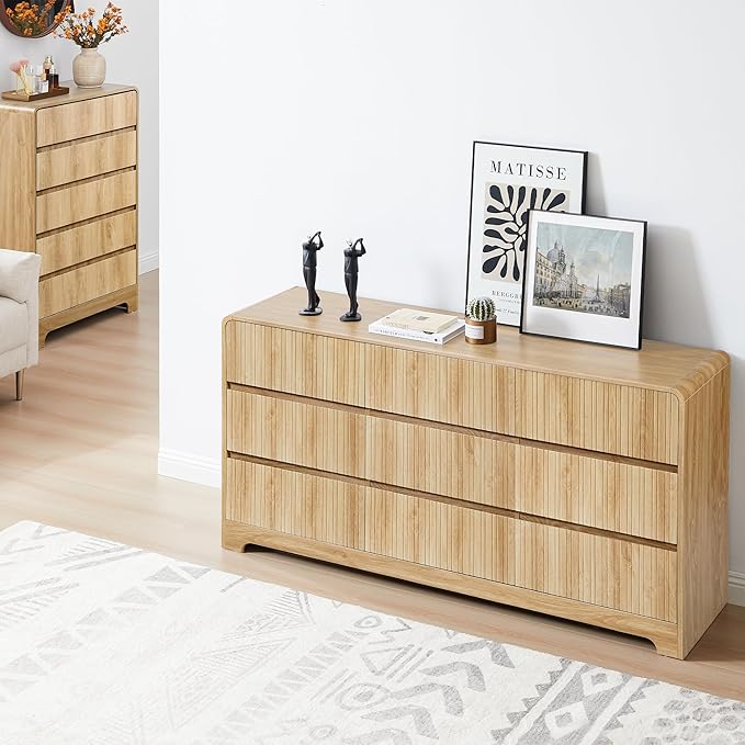 MERRYBERRY Fluted Dresser for Bedroom with 9 Drawers,63" Wide Modern Chest of Drawers with Curved Profile & Deep Drawer,Large Wood TV Dresser for Bedroom Living Room