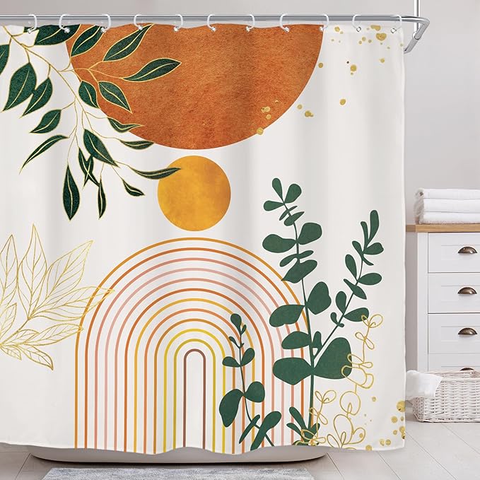Riyidecor Orange Boho Mid Century Modern Shower Curtain for Bathroom Decor 72Wx72H Abstract Gold Leaves Minimalist Geometric Arch Sun Art Printed Fabric Polyester Waterproof 12 Pack Plastic Hooks