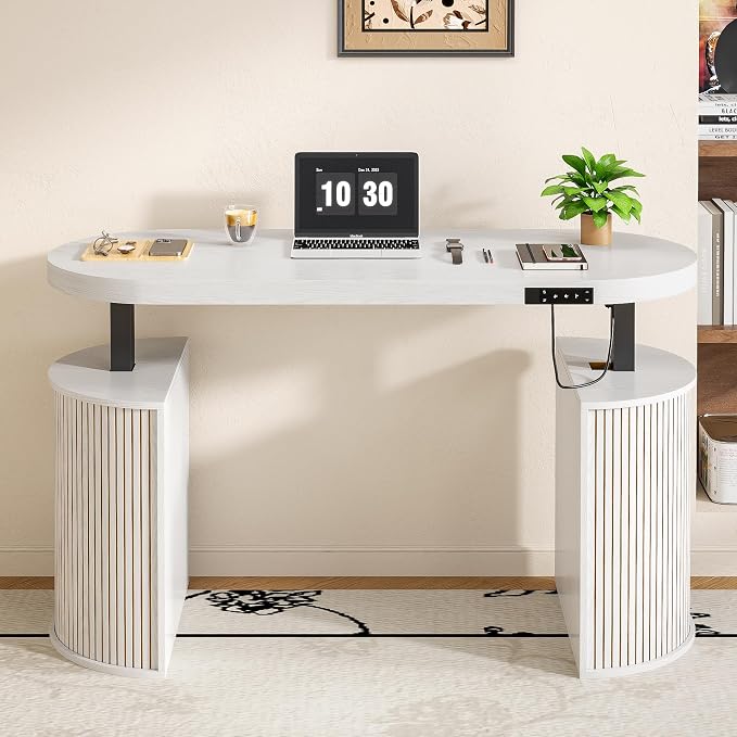 Mid Century Modern Electric Standing Desk with Storage, 55 x 22 Inch Small Sit Stand Up Desk, Wood Adjustable Height Computer Executive Desk for Home Office, Laptop, White