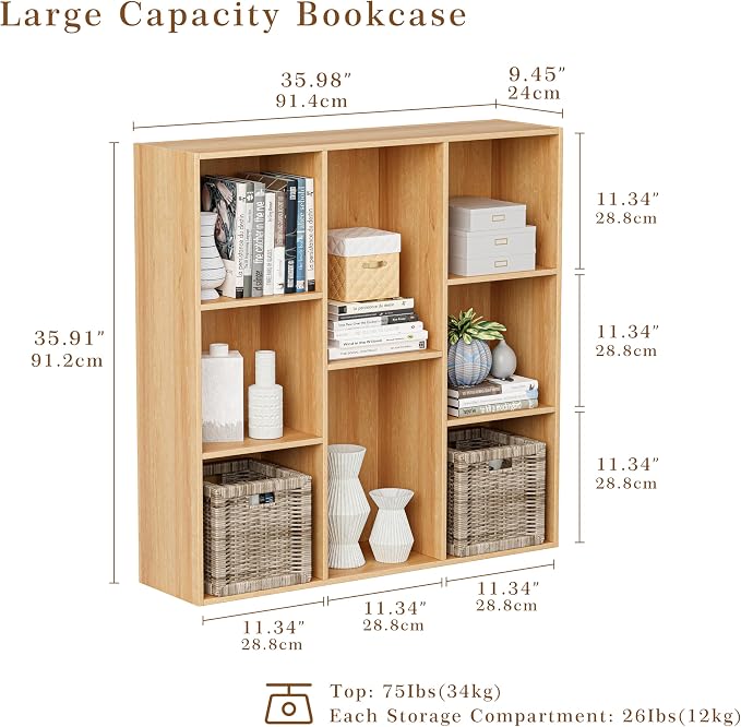 VDNEND Wooden Cube Storage Organizer with Closed Back Panel, 11in Cube Shelf Opening, Bookshelf, Display Shelf,Closet Cabinet for Home and Office (Natural Oak, 8-Cube 35.98L*9.45W*35.91H)