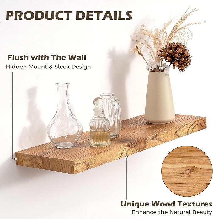 48 Inch Floating Shelves for Wall, 8"D High End Solid Hardwood Shelves for Decor Storage, Rustic Wall Shelves with Invisible Heavy Duty Brackets for Living Room, Kitchen, Bathroom, Natural, 1 Pack