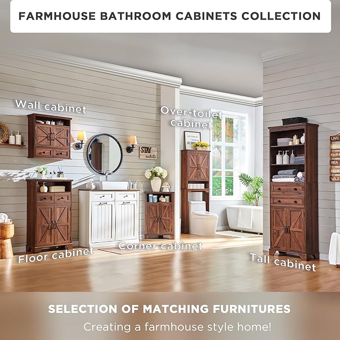 ACCOHOHO Corner Bathroom Cabinet, Farmhouse Small Cabinet with Barn Door & Adjustable Shelf, Storage Cabinets for Bathroom, Kitchen & Living Room, Brown