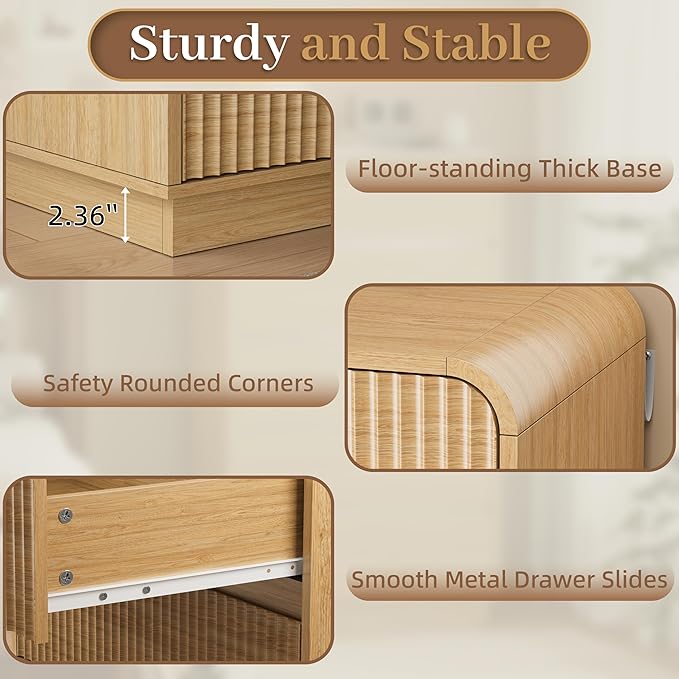 Natural Oak Dresser Fluted Tall 5 Drawer Dresser for Bedroom, Wood Chest of Drawers with Hidden Handles & Rounded Corners, Modern Storage Cabinet and Organizer Drawers for Living Room, Hallway