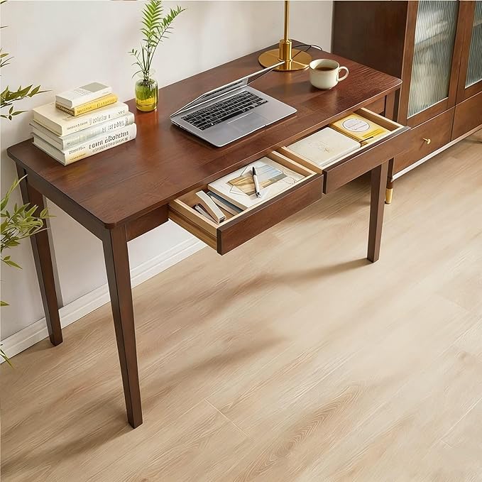 Solid Wood Desk,47" Solid Wood Writing Desk with Drawers,Oak Mid Century Modern Small Computer for Small Spaces Home Office