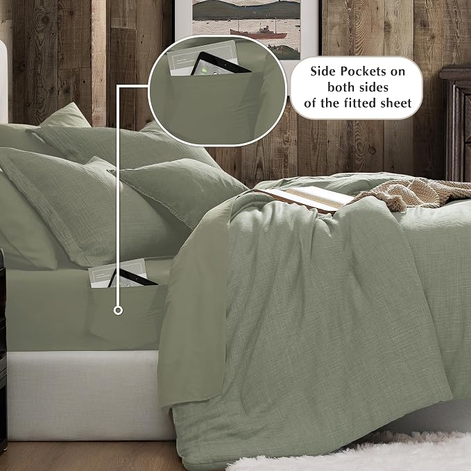 Geniospin California King Comforter Set - 7 Pieces Sage Green Cal King Bedding Set, Solid Bed Set for All Season, Textured Bed in a Bag with Flat Sheet and Fitted Sheet, Pillowcases and Shams