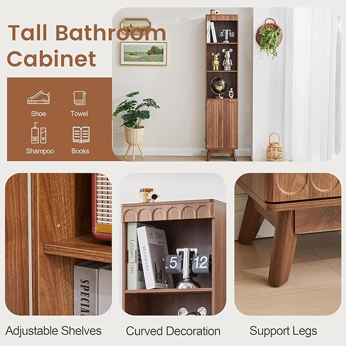 Tall Narrow Bookshelf with Door, Mid Century Modern Bookcase, 71" Slim Storage Cabinet with Adjustable Shelves, Modern Open Display Storage Organizer for Living Room Bathroom Office, Walnut