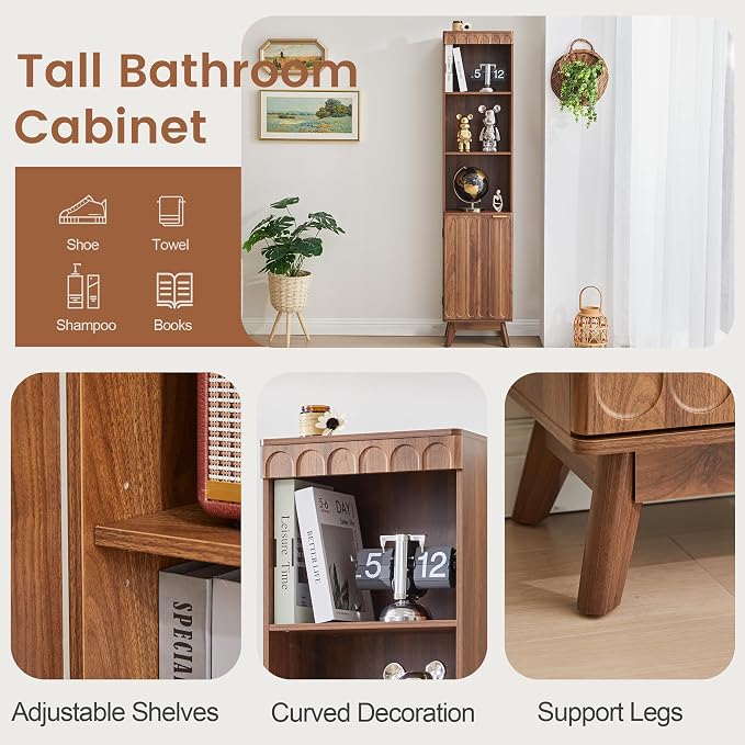 71" Tall Narrow Bathroom Storage Cabinet with Door, Small Fluted Cabinet with Adjustable Shelves & 3-Tier Open Shelf, Modern Freestanding Slim Organizer for Space Saving Living Room Kitchen (Walnut)
