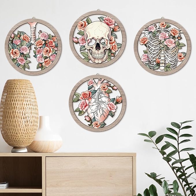 HPNIUB Medical Human Anatomy Wall Decor, Farmhouse Medical Anatomical Hanging Wooden Wall Art, 4 Pieces 9.84''x9.84'' Pink Floral Heart Skull Anatomy Wood Sign for Nursing Doctor Room Living Room