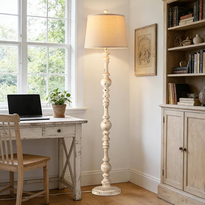 QiMH Vintage Floor Lamp for Living Room,61" Tall Rustic Standing Lamp with Linen Lampshade, Rotary Switch Farmhouse Floor lamp for Bedroom, Corner, Dining Room, Home Decor, Shabby White