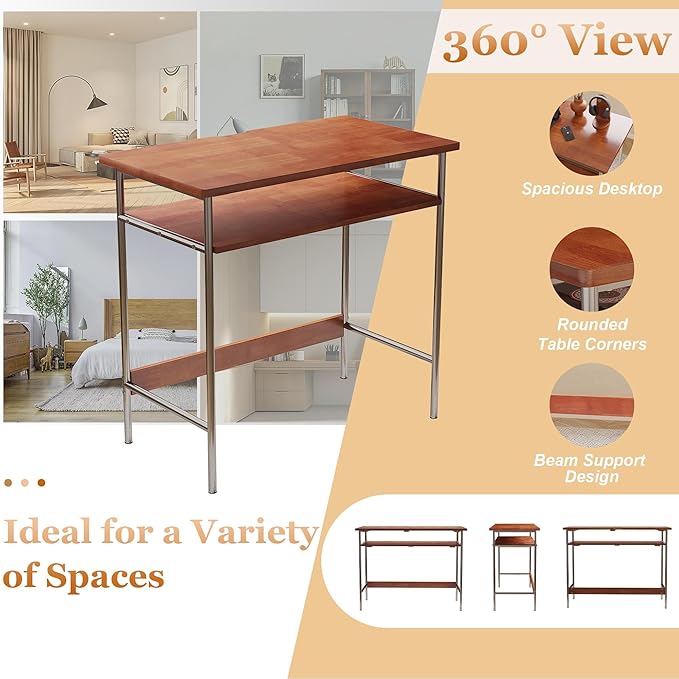 100% Solid Wood Desk, 31.5" Writing Computer Desk for Small Spaces, Vintage Home Office Desks, Mid Century Modern Desks with Thickened Stainless Steel Legs for Study, Makeup & Workstation (Cherry)
