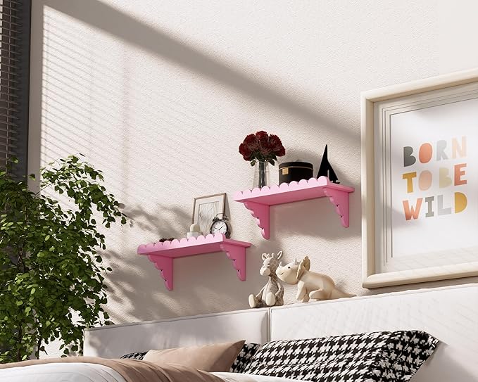 Scalloped Wood Wall Shelf – 17 Inch Floating Shelf with Wood Brackets, Easy to Install Rustic Wall Shelf for Living Room, Bedroom, Bathroom, or Any Space