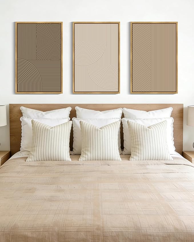 PHOPAGO 16x24in Large Minimalist Abstract Framed Wall Art Modern Boho Neutral Line Wall Decor Geometric Artwork Bedroom Living Room Natural Framed