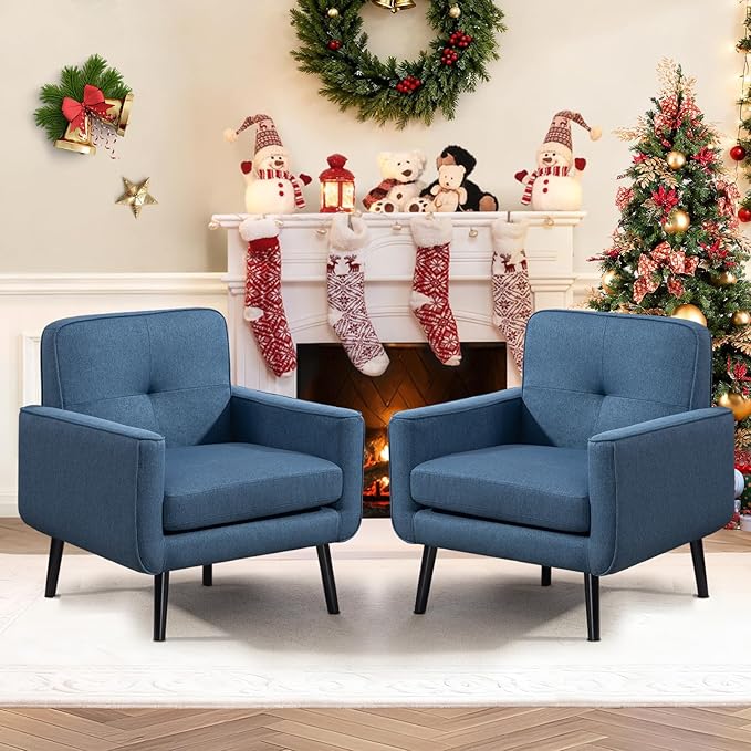 Vogue Furniture Direct Accent Chair Set of 2, Fabric Modern Chair with Wooden Frame, Cozy Armchair Reading Chair with Comfy Back for Apartment, Living Room, Bedroom, Small Space, Corner, Blue