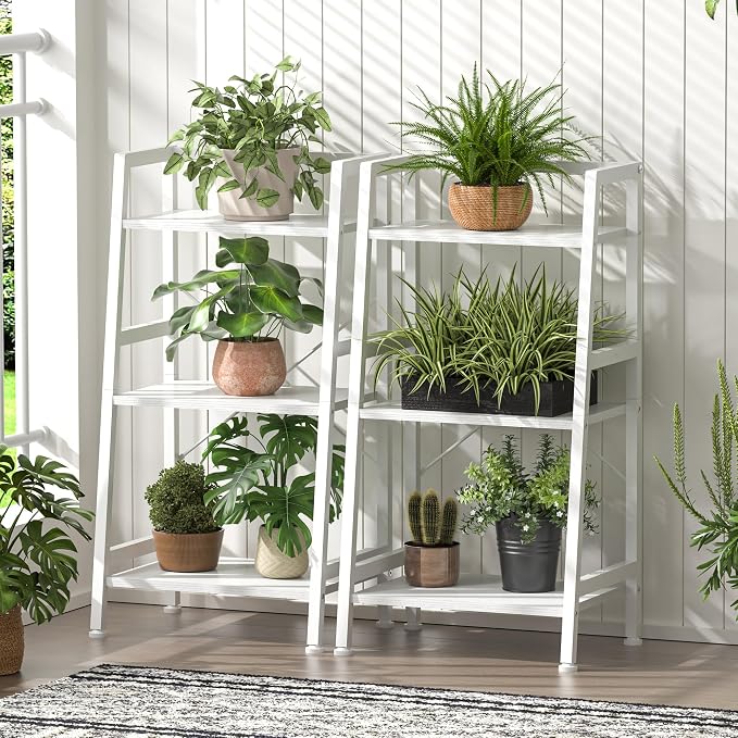 3-Tier Bookshelf, Ladder Shelf, Stand Up Shelves, Industrial Bookcase with Steel Frame, Metal Small Bookcase, for Living Room, Home Office, Kitchen, Bedroom, Industrial Style（White）