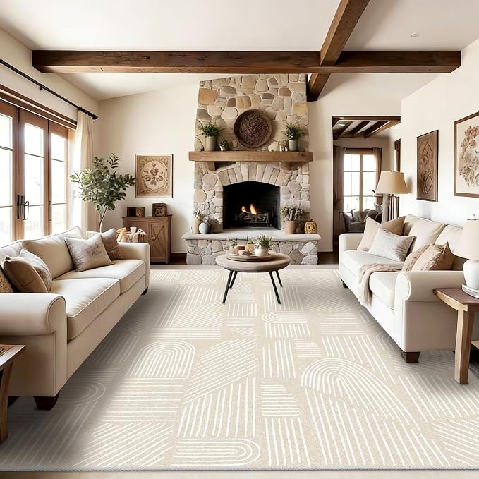 MUJOO 8x10 Washable Area Rug,Mid Century Modern Abstract Non Slip Low Pile Rug,Neutral Beige and White Large Rug for Living Room Bedroom Dining Room
