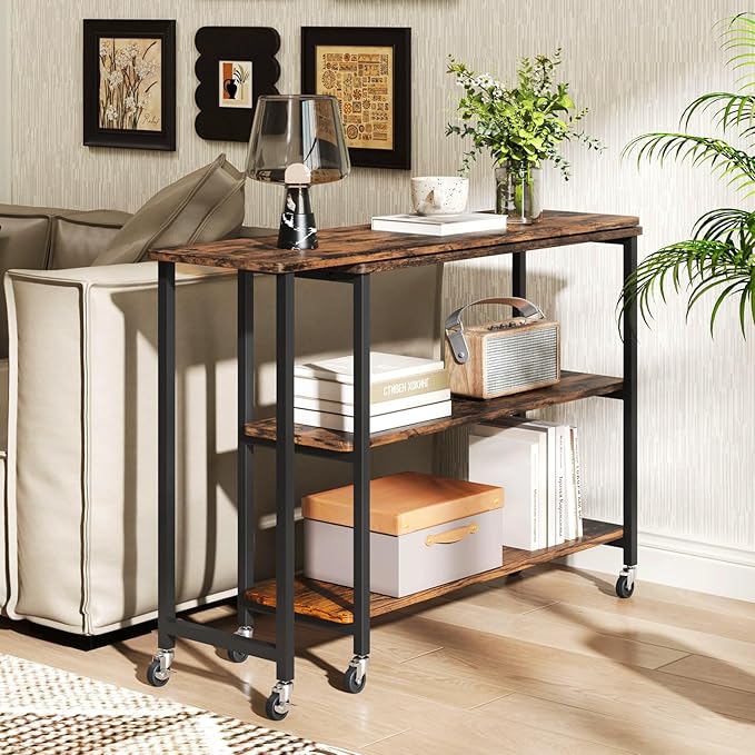 Giantex 360 Rotating End Table, Large Rustic Brown Walnut & Alloy Steel, 40" X 12", 2-Tier Storage Shelves, 265 lbs Weight Capacity