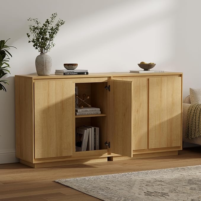1pcs Sideboard Cabinet Buffet Cabinet with Storage with Adjustable Shelves and Handle-Free Design Suitable for Kitchens,Hallway,and Living Rooms Natural Oak
