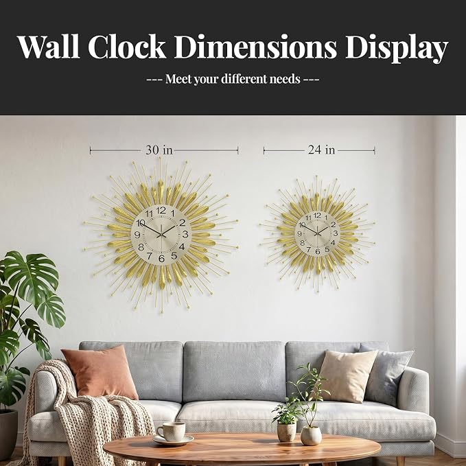 Cuspin Large Gold Wall Clock 30 Inch, Mid Century Modern Sunburst Decorative Design, Silent Non Ticking Battery Operated Metal Wall Clock, for Living Room, Dining Room, Bedroom, Office