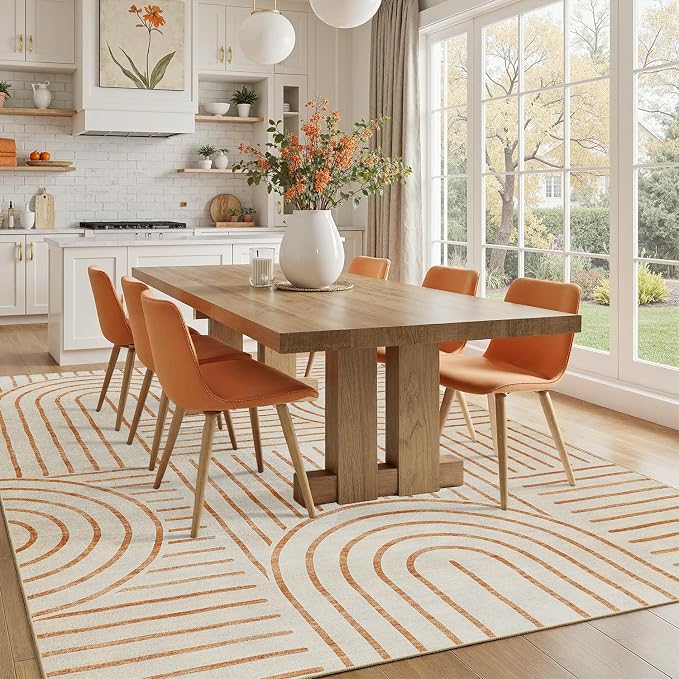 DCX Beige Machine Washable 6x9 Area Rug, Midcentury Modern Non Slip Stain Resistant Rug 6x9 for Living Room, Playroom, Dining Room, Soft 0.25" Low Pile Large Carpet