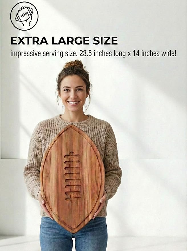 New – Giant Football Shaped Cutting Board – 23.5X14 INCH – Jumbo Size Acacia Wood Charcuterie Tray – Extra Large Wooden Football Serving Platter for Super Bowl Parties, Tailgate Hosting & Gifts