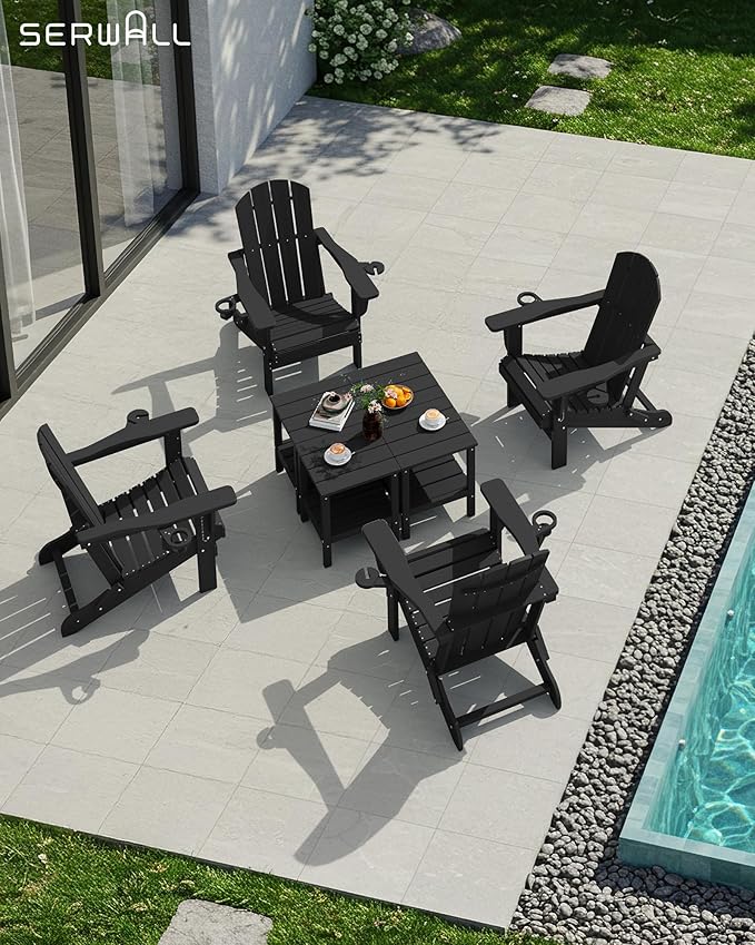 SERWALL 2-Tier HDPE Outdoor Side Tables Set of 4, Weatherproof Rectangular Adirondack Side Table, Black