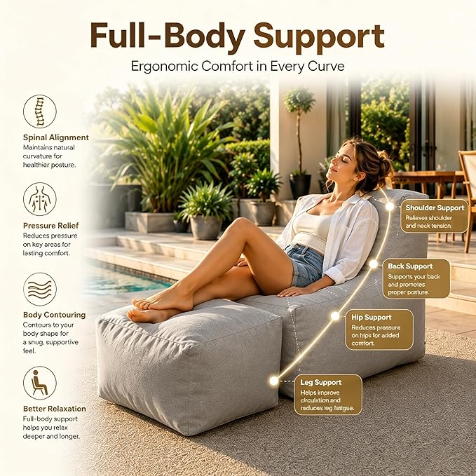 Outdoor Indoor Bean Bag Chair with Ottoman, 2-in-1 Lounge Beanbag with Foam Filling, Waterproof Outdoor Bean Bag & Full-Body Support for Patio Deck Poolside Backyard, Dark Gray