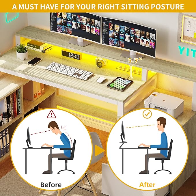 DWVO L Shaped Desk with Drawers, 65" Computer Desk with Power Outlets & LED Lights, Corner Home Office Desk with Storage Shelves & Printer Stand, White & Oak