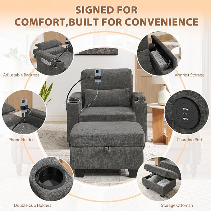 Oversized Chaise Lounge Chair Indoor, Single Convertible Recliner Reading Arm Sofa Chair W/Adjustable Backrest & Charging Port Couch Bed for Living Room, Home Theater & Bedroom, Grey