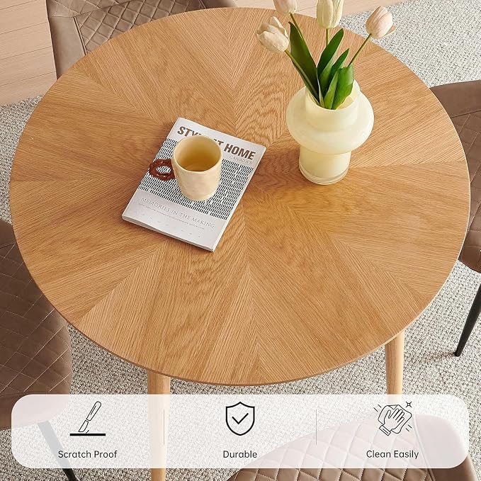 Small Dining Table Set for 4, Modern Round Dining Table with 4 PU Leather Dining Chairs in Metal Legs, Breakfast Nook for Compact Spaces, Brown