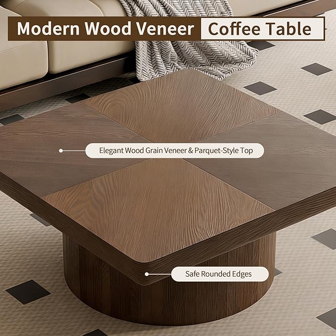 Solid Wood Square Coffee Table with Thick 3.1" Parquet Top & Cylindrical Base, Modern Living Room Coffee Table, Heavy-Duty Wood Center Table, Easy Assembly (34.6" Square Coffee Table)