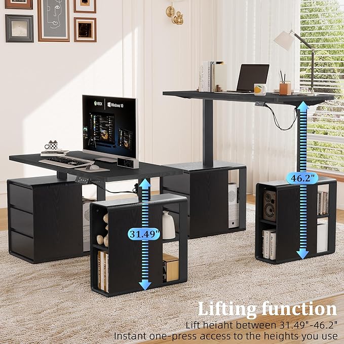 AVZEAR Farmhouse Electric Standing Desk, 55" Height Adjustable Computer Stand up Desk with 3 Drawers and Storage Shelf, Mid Century Modern Home Office Desk Wood Sit Stand Desks for Work, Study, Black