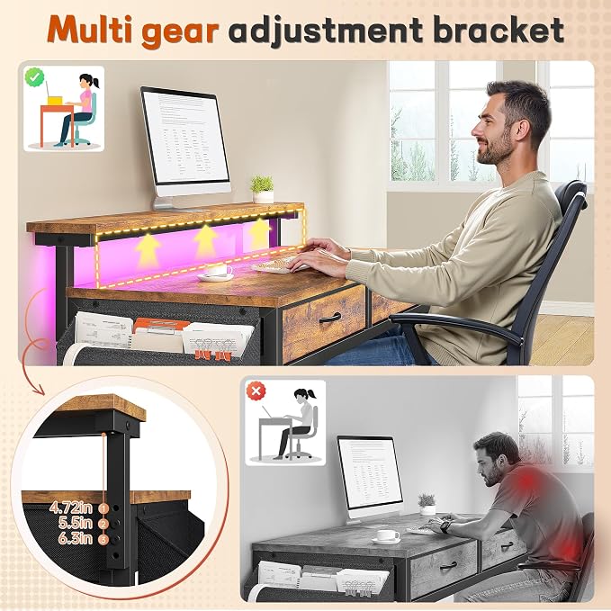 Gaming Desk with LED Lights & 2 Fabric Drawers, 39.4Inch Home Office Computer Desk with Side Pocket & Ergonomic Monitor Stand, Small Space Study Writing Table with Anti-Tip Design, Rustic Brown