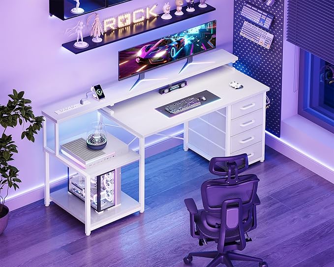 ODK 55 Inch Computer Desk with 4 Drawers, Office Desk with Power Outlets, Printer Shelf & Storage Shelves, Large Writing Study Table for Home, Bedroom, Study or Gaming Setup, White