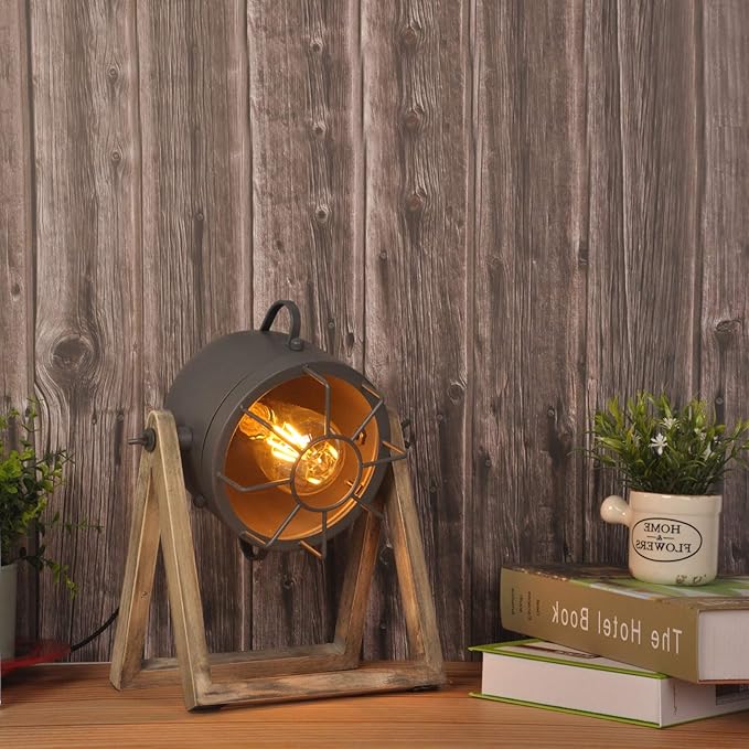 COSYLUX Vintage Table Lamp Grey Old Wood, Retro Searchlight Desk Light for Rustic Decor, Farmhouse Cage Cinema Adjustable Industrial Bedside Lighting for for Loft, Studio, Bedrooms (with no Bulb)