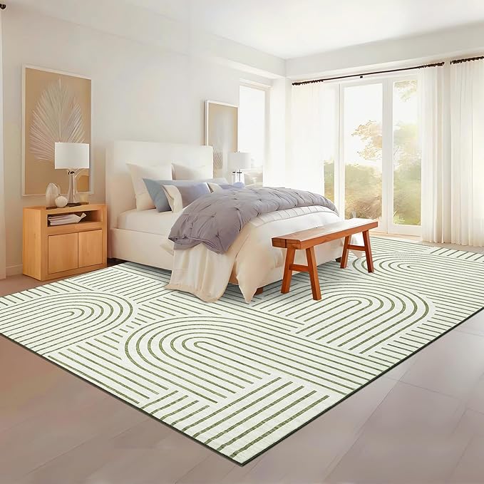 Washable Rug 9x12 Area Rugs for Living Room, Abstract Rug for Bedroom, Soft Rainbow Non Slip Throw Rugs with Rubber Back, Low Pile Stain Resistant Boho Geometric Carpet for Dining Room, Green