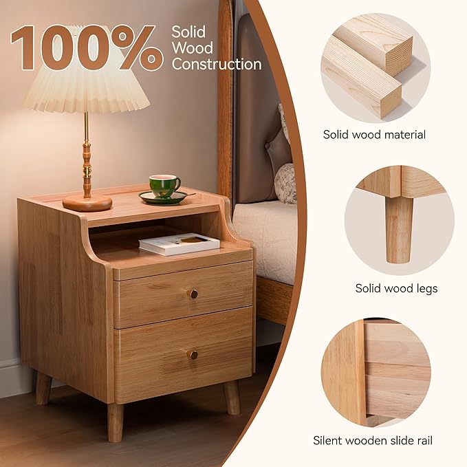 Nightstand with Drawers, Pre-Assembled, 19.7" H Natural Solid Wood Night Stand with Open Sliding Shelf, Mid Century Modern Small Bedside Table Cabinet for Bedroom, End Side Table, Natural Oak