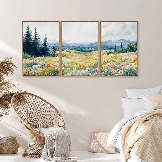 KaiWithYuan Watercolor Mountain Woodland Framed Canvas Wall Art, Nature Pine Tree Forest Wall Decor, Modern Daisy Flower Art Paintings, Cozy Meadow Artwork for Bedroom Living Room Office 16"x24"x3