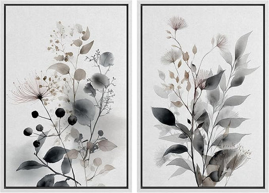 IDEA4WALL Framed Canvas Print Wall Art Set Neutral Botanical Watercolor Monochrome Leaves and Flowers Illustrations Modern Art Decorative Calm/Zen for Living Room, Bedroom, Office - 24"x36"x2 White