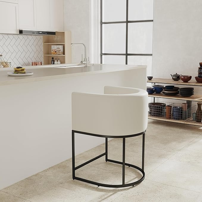 PU Leather Bar Stools, Modern Upholstered Counter Height Bar stools 24" Leather Barstools Barrel Kitchen Counter Island Stools with Black Metal Base, White