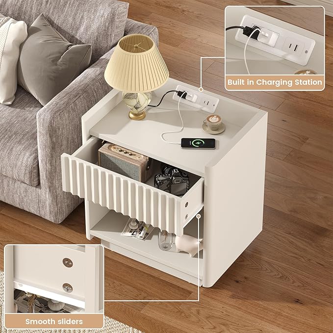 Bigbiglife Fluted Nightstand with Charging Station, 22" Modern Side Table with Drawer End Table with Open Storage, Bedside Table for Bedroom, Living Room, Natural Oak (1, Off White)