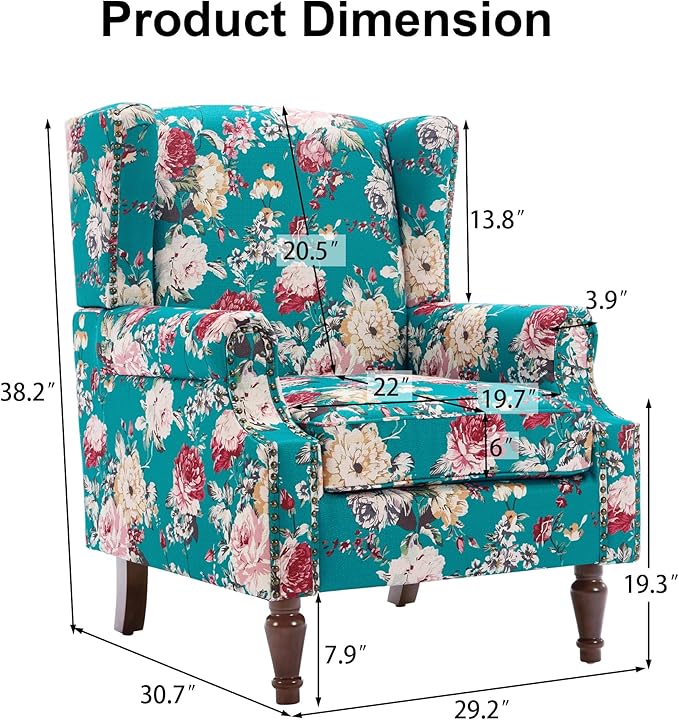 Pia Ricco Set of 2 Floral Accent Chairs, High Back Upholstered Armchairs with Retro Wingback Design, Nailhead Trim & Solid Wood Legs for Living Room Bedroom(Peacock Blue)