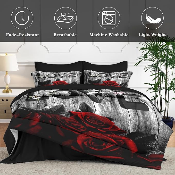 WeCozy 7 Pcs Queen Size Comforter Set with 2 Pillowcases & 2 Shams, Red Rose Flower Bedding for Kids and Adults, Vintage Woodboard Wood Grain Bed in a Bag with Flat Fitted Sheet
