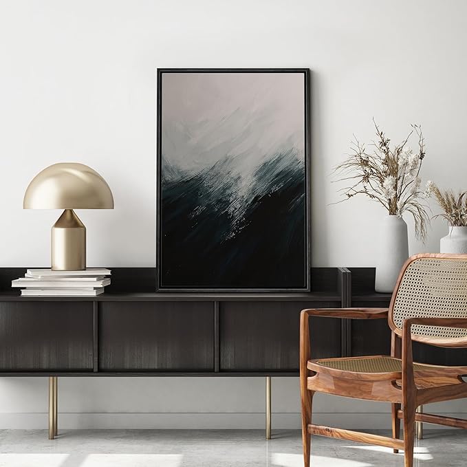 MUDECOR Framed Canvas Print Wall Art Dark Blue Brushstroke Abstract Ocean-Inspired Illustrations Fine Art Decorative Zen Multicolor Country/Farmhouse Retro for Bedroom - 16"x24" BLACK
