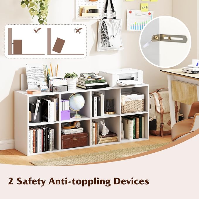 Tangkula 8-Cube Bookcase, Large Floor Standing Horizontal Bookshelf with 8 Open Shelves & 2 Anti-Tipping Kits, Home Office Wooden Storage Book Shelf for Living Room, Study (White, 8-Cube)