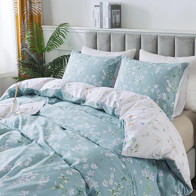 HoneiLife Wildflower Duvet Cover Queen - 100% Cotton Comforter Cover Sets, Floral Duvet Cover Sets 3-PC, Floral Bedlinen Set with Zipper Closure & Corner Ties