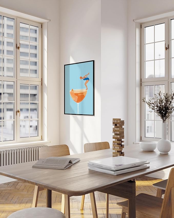 HAUS AND HUES Preppy Pictures Bar Art - Colorful Cocktail Prints, Bar Cart Accessories, Minimalist Blue and Orange Picture for Room Aesthetic, Bar Wall Decor, Vintage Aperol Spritz (24x36 Unframed)