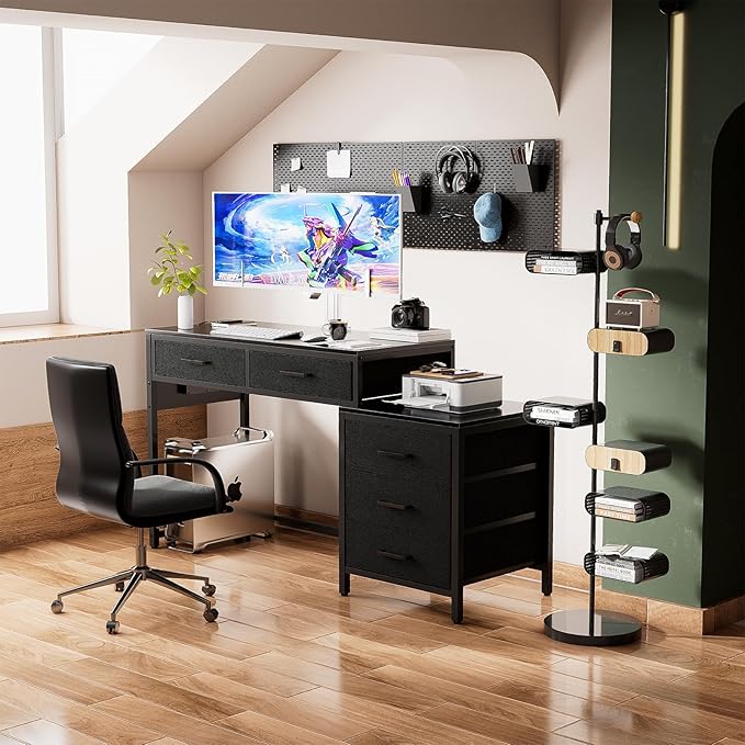 Unikito Reversible Computer Desk with 5 Drawers, Sturdy Office Desk with Power Outlets and USB Ports, Corner Writing Table with File Cabinet & Printer Stand, Vanity Desk with Storage, Black